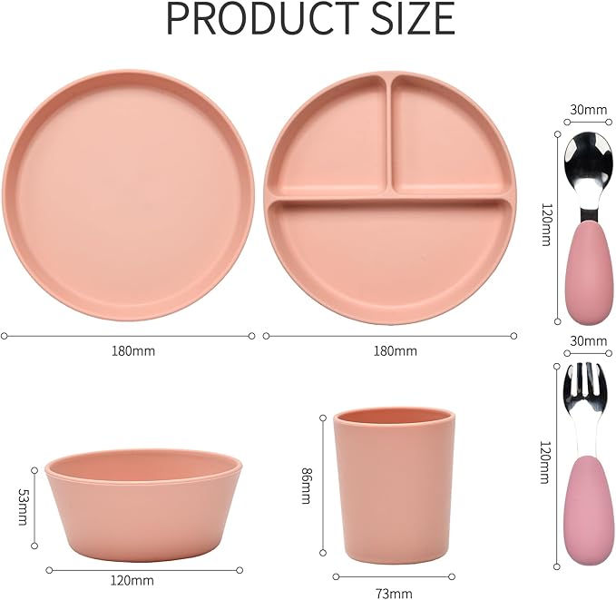 Complete tableware set, 6 pieces, water cups, dinner plates, divided dinner plates, bowls, spoons, and forks. (pink)