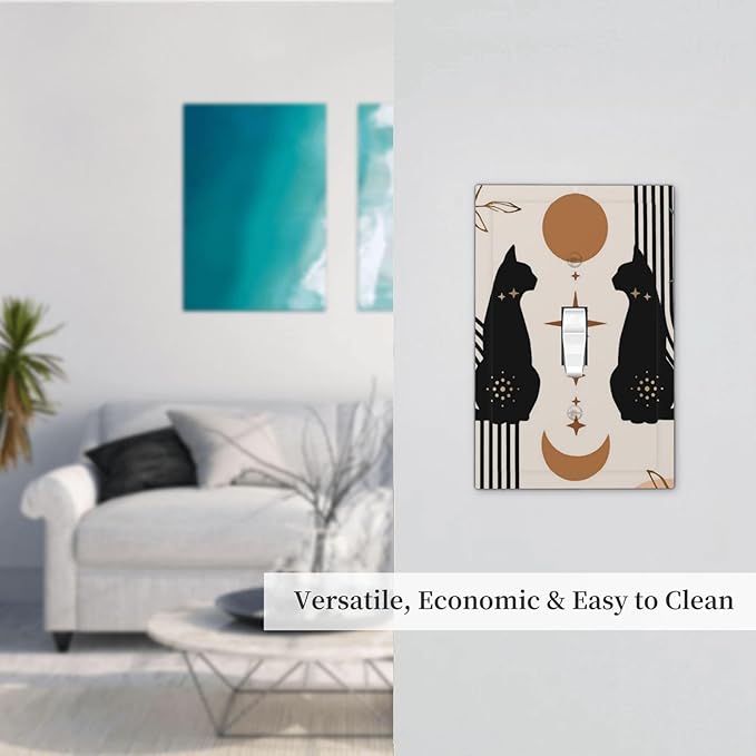 Cute Mid Century Abstract Black Boho Moon Cat Single Toggle Light Switch Plates Outlet Covers Decorative Electrical Wall Plate Receptacle Switchplate Decorate Plug Cover Living Room Bathroom Decorate