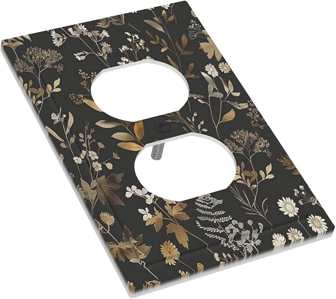 Outlet Covers Black Gold Floral Dark Leaves Vintage Flowers 1 Gang Duplex Light Switch Cover Decorative Switch Plates Electrical Receptacle Faceplate Wall Plate for Bed Room Home Decor