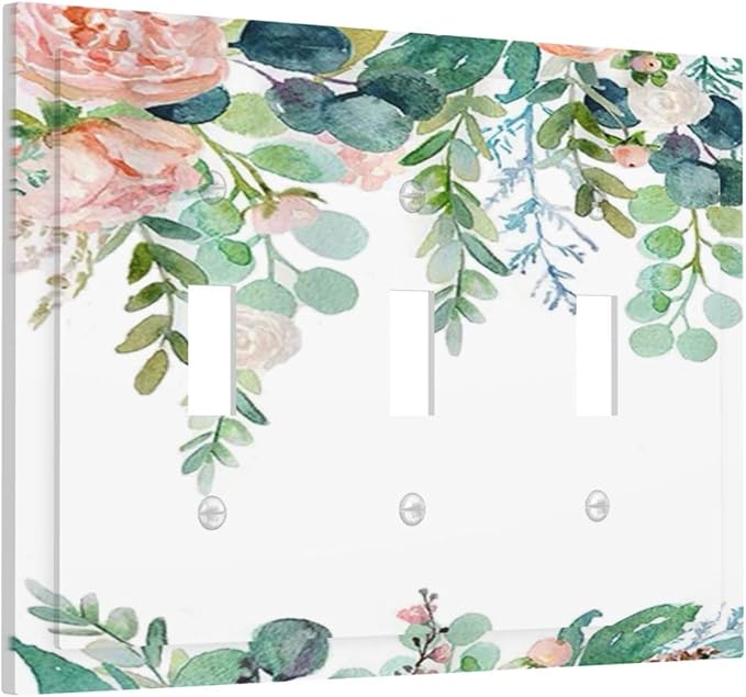 Green Eucalyptus Leaves Floral Watercolor Flower Decorative Switch Plates 3 Gang Wall Plate Triple Toggle Light Switch Cover Faceplate Electrical Wall Panels for Bed Room Living Room Decor
