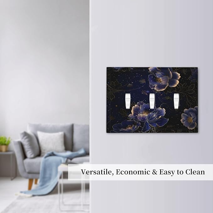 Navy Blue Floral Vintage Flower Dark Watercolor Decorative Switch Plates 3 Gang Wall Plate Triple Toggle Light Switch Cover Faceplate Electrical Wall Panels for Bedroom Living Room Decor