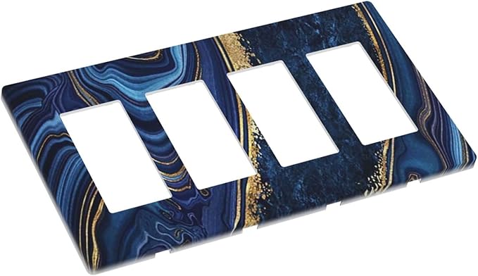 Navy Blue Marble 4 Gang Quad Rocker/Decor Light Switch Cover Plate Decorative Electrical Faceplate for Bathroom Room Decorate Jumbo Size Screwless 8.3" x 4.6
