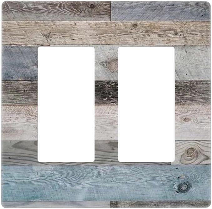 Old Retro Rustic Vintage Barn Door 2 Gang Screwless Double GFCI Decorator/Rocker Outlet Light Switch Wall Plate Cover Teal Blue Grey Wood Wooden Country Decorative Dual Device Receptacle Faceplate