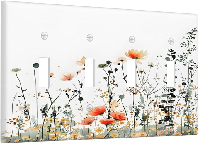 Vintage Country Style Watercolor Leaves Wildflowers Floral Light Switch Covers Quad Toggle Electrical Faceplate 4 Gang Wall Plate Decorative Switch Plates Cover for Bedroom Living Room Decor