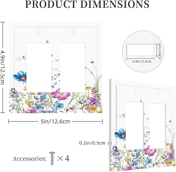 Decorative Outlet Covers Boho Colorful Flowers Plants And Dragonflies 2 Gang Double GFCI Rocker Electrical Wall Panels Light Switch Cover Plate for Bedroom living Room Decor