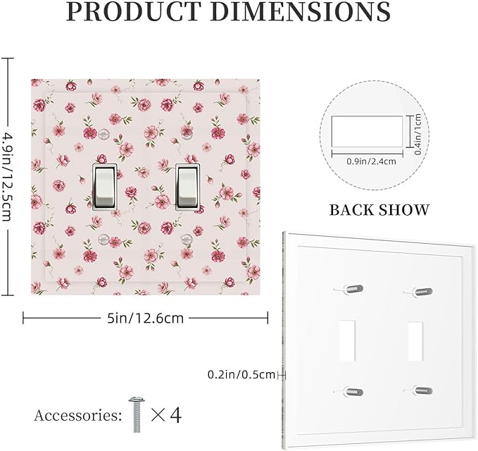 Pink Ditsy Floral Double Toggle Switch Cover - 2-Gang Standard US Size French Country Petite Floral Light Switch Covers, Vintage Shabby Chic for Girls Room