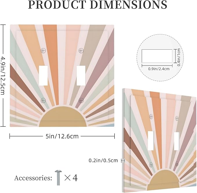 Boho Sun Rainbow Retro Aesthetic Abstract Art Sunrise Sunset Decorative Switch Plates 2 Gang Double Toggle Outlet Light Switch Cover Wall Plate Electrical Faceplate for Kids Room Bedroom Decor