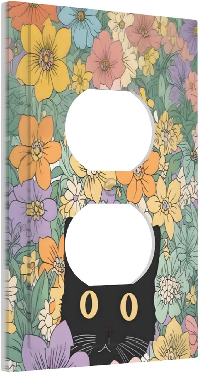 Outlet Covers Funny Cute Cartoon Cat Floral Colorful Flower 1 Gang Duplex Light Switch Cover Decorative Switch Plates Electrical Receptacle Faceplate Wall Plate For Kids Room Nursery