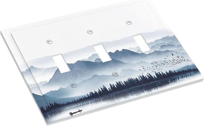 Decorative Switch Plates Mountain Foggy Lake Boat Grey Blue Forest Birds 3 Gang Wall Plate Faceplate Triple Toggle Light Switch Cover Electrical Wall Panels for Bedroom living Room Decor