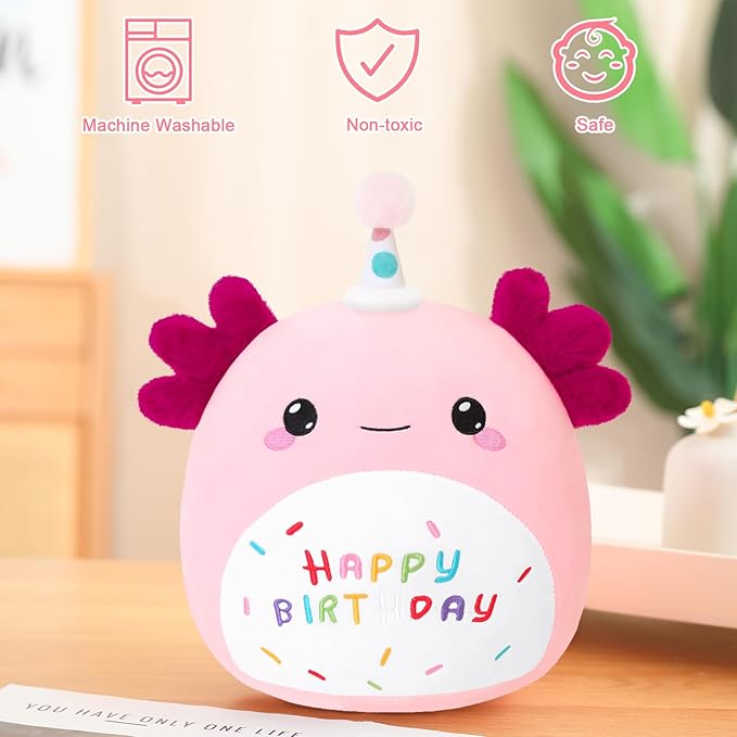 SQEQE Happy Birthday Axolotl Plush Axolotl Stuffed Animal Toy Pink Birthday Plushies Home Decor for Girls Boys Kids(14 Inch)