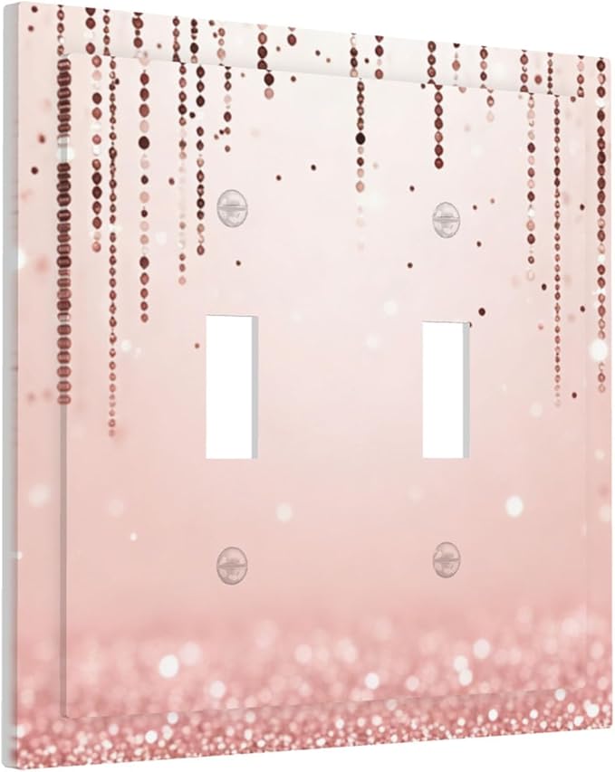 Rose Gold Pink 2-Gang Double Toggle Light Switch Plate, Draping Bead Printed Pattern Decorative Wall Plate, Modern Glam Home Decor