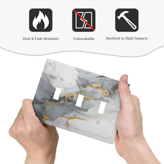 Gold Marble Grey Art Abstract Luxury Print Decorative Switch Plates 3 Gang Wall Plate Triple Toggle Light Switch Cover Faceplate Electrical Wall Panels for Kitchen Bathroom Decor