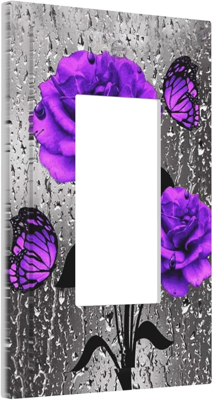 Purple Rose Butterfly 1-Gang Decorator Rocker Outlet Light Switch Cover Romantic Blossom Flowers Floral Art Valentine's Day Decorative Single Device GFCI Switch Wall Plate Dimmer (4.92 IN x 3.23 IN)
