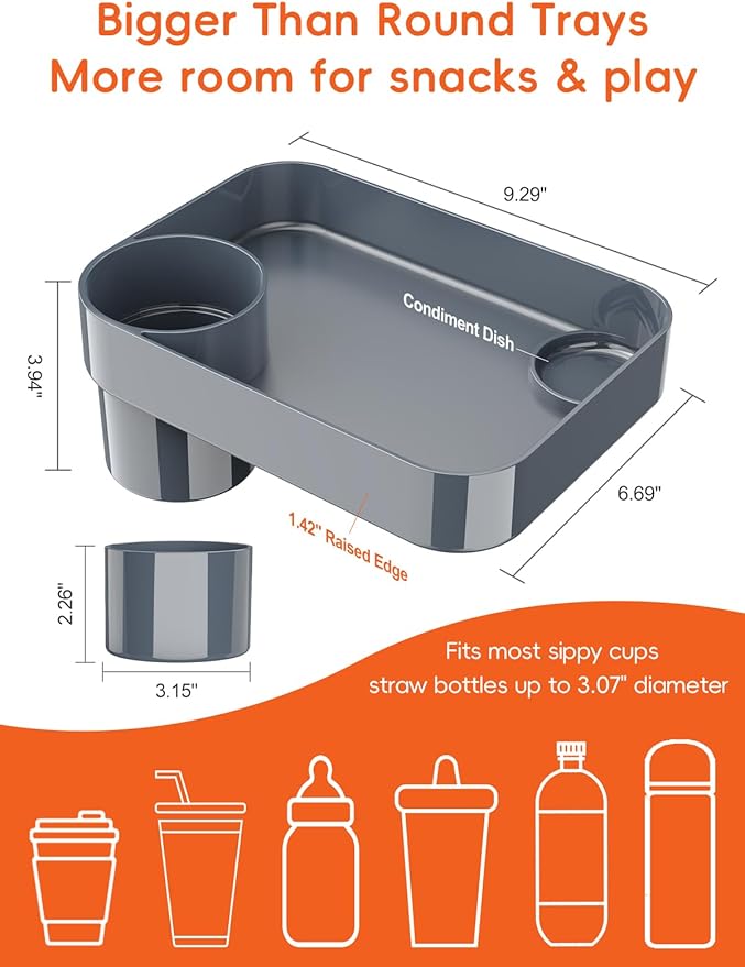Car Seat Cup Holder Snack Tray for Kids, Reduces Mess, Detachable Large Base & Adjustable Ring, Carseat Tray for Toddler, Car Seat Food Tray Table for Kids Travel Road Trip Essentials-Dark Gray