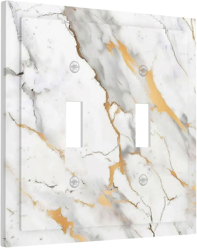 Decorative Switch Plates Marbling Style White Background Gold Gray Stripes 2 Gang Double Toggle Outlet Light Switch Cover Wall Plate Electrical Faceplate For Bathroom Kitchen Decor