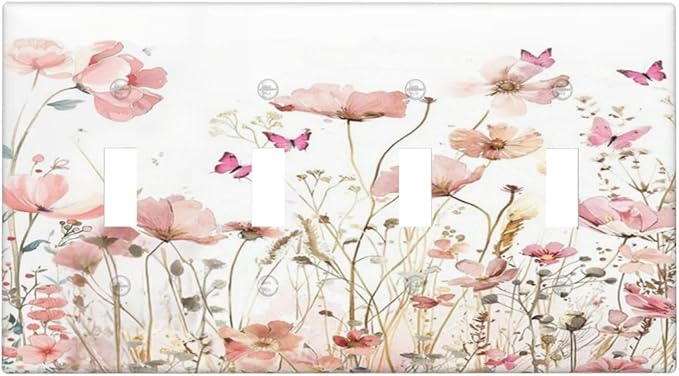 Boho Floral Watercolor Pink Wildflower Butterfly Light Switch Covers Quad Toggle Electrical Faceplate 4 Gang Wall Plate Decorative Switch Plates for Bedroom Living Room Decor