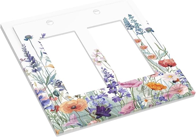 Colorful Floral Purple Lavender Flower Leaves Plants Decorative Outlet Covers 2 Gang Double GFCI Rocker Electrical Wall Panels Light Switch Cover Plate for Bed Room Living Room Decor
