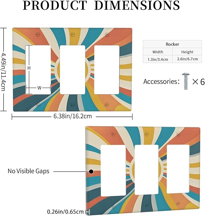 Decorative Light Switch Plate with Retro Mid-Century Modern Sunburst Motif Design 3 Gang Outlet Covers Triple Rocker Wall Plate Switch Plate Cover for Abstract Teal/Yellow/Orange Wall Decor