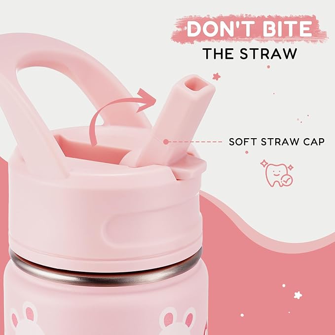 Fijinhom 12oz Water Bottle for School, Bottles with Straws, Stainless Steel Vacuum Insulated Water Bottle, Leak-Proof, BPA-Free, Pink Rabbit