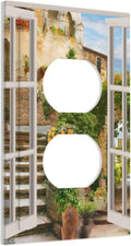 Mediterranean Greece Scene Flowers 1 Gang Duplex Outlet Covers Light Switch Cover Decorative Electrical Switchplate Italian Town from Another Window Faceplate for Bathroom Bedroom Home Decor