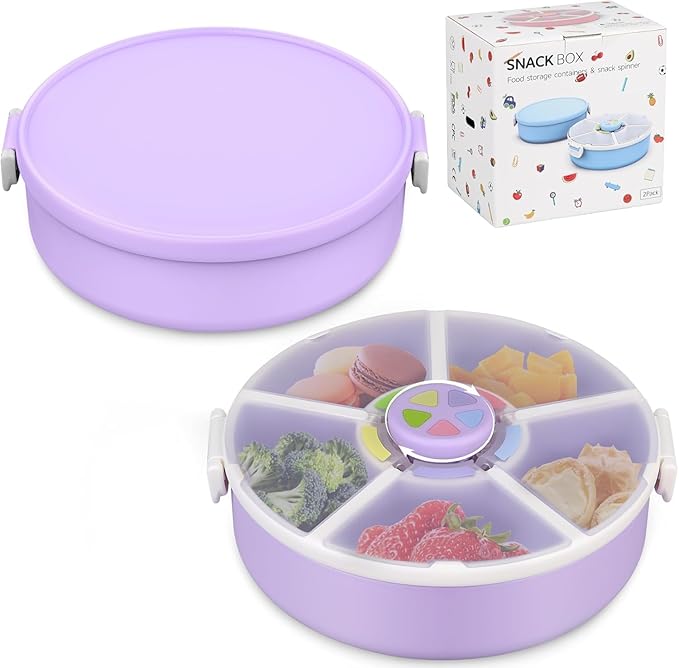 JOOPETALK Kids' Rotating Snack Container Set – 2-Pack, Includes 1 Rotating Snack Container & 1 Round Sectioned Snack Box, BPA-Free, Dishwasher Safe, Perfect for Travel-Purple
