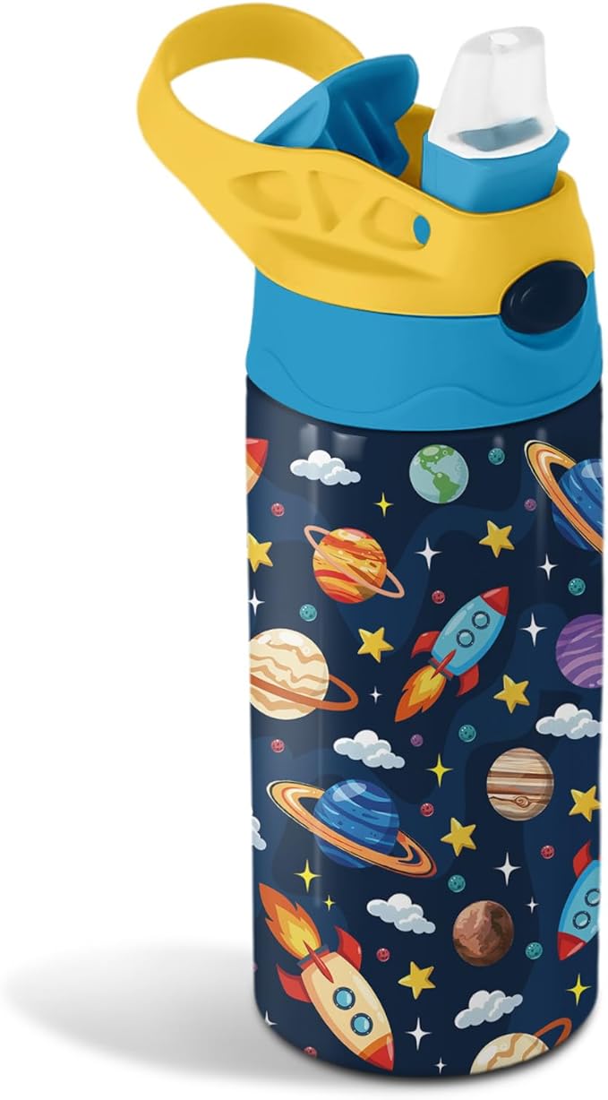 Space Gifts for Kids - 12oz Space Water Bottle with Straw Lid, Astronaut Stainless Steel Insulated Water Bottles, BPA-free, Leak-proof, for Boys Girls, School, Gift Waters Bottle for Universe Lover