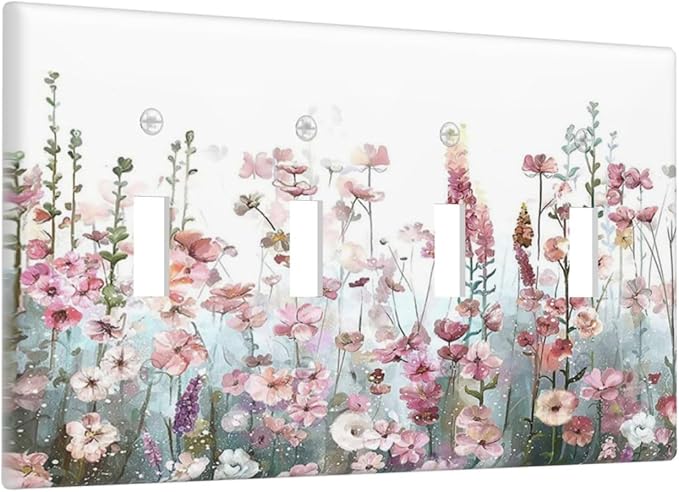 Colorful Flowers Pink Floral Watercolor Plant Light Switch Covers Quad Toggle Electrical Faceplate 4 Gang Wall Plate Decorative Switch Plates for Bed Room Living Room Decor