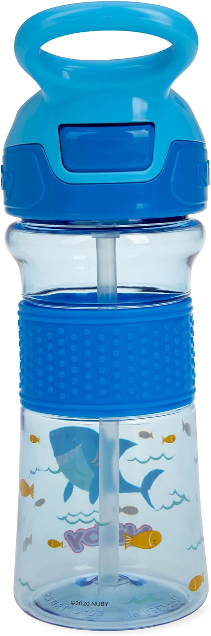 Nuby Thirsty Kids Push Button Flip-it Soft Spout on The Go Water Bottle with Easy Grip Band, Blue Sharks, 12 Oz