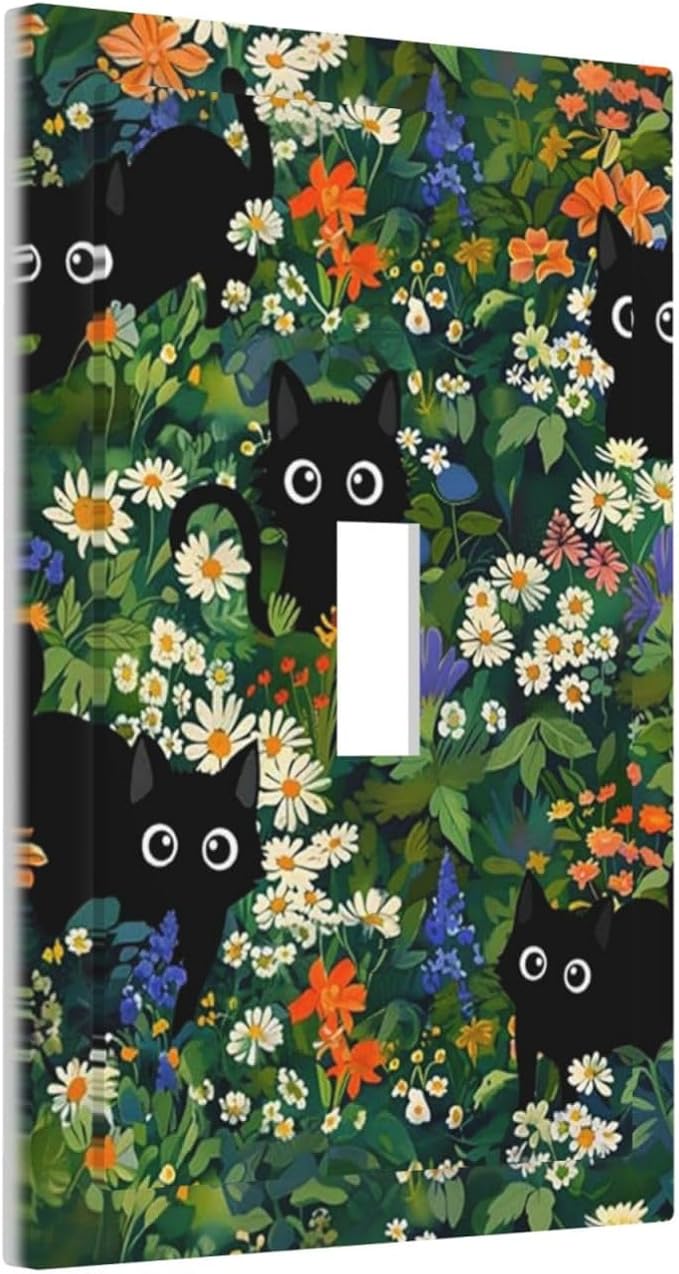 Boho Cute Black Cats Decorative Light Switch Cover 1-Gang Cartoon Kids Girl Green Floral Flowers Aesthetic Animal Single Toggle Wall Plate Electrical Device Outlet Switch Faceplate Cover Jumbo Size