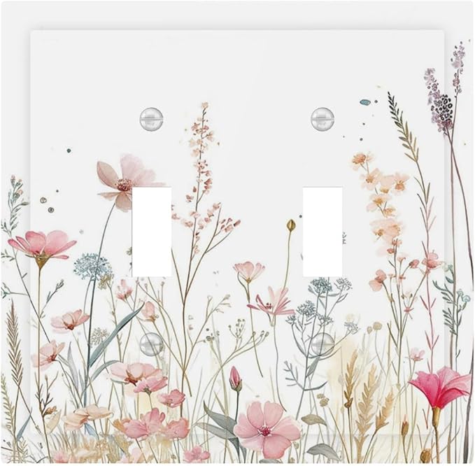 Watercolor Wildflower Pink Flower Plant Floral Decorative Switch Plates 2 Gang Double Toggle Outlet Light Switch Cover Wall Plate Electrical Faceplate for Bedroom Living Room Decor