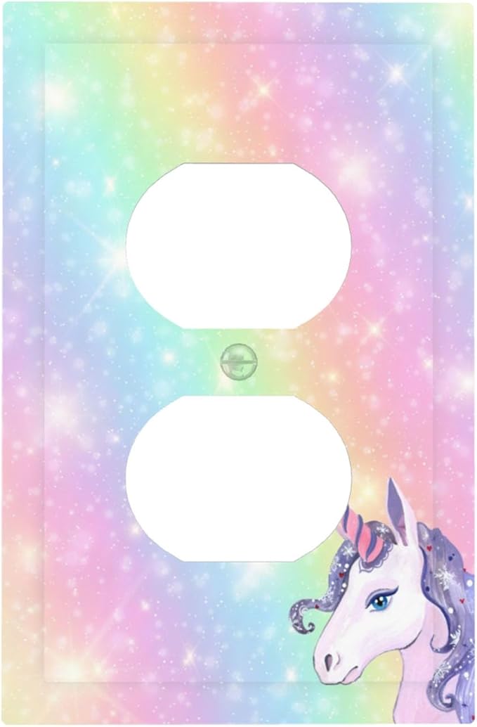 Rainbow Unicorn Duplex Wall Plate - 1-Gang Standard US Size Pastel Galaxy Sparkle Outlet Covers, Magical Fantasy for Kids Bedroom