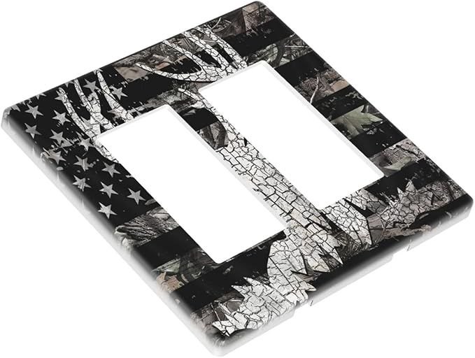 Rustic Hunting Forest Camo American Flag Deer Elk Moose Antlers Wildlife 2 Gang Electrical Decora/GFCI Device Wallplate Double Decorator Rocker Outlet Light Switch Cover Electrical Faceplate Dimmer