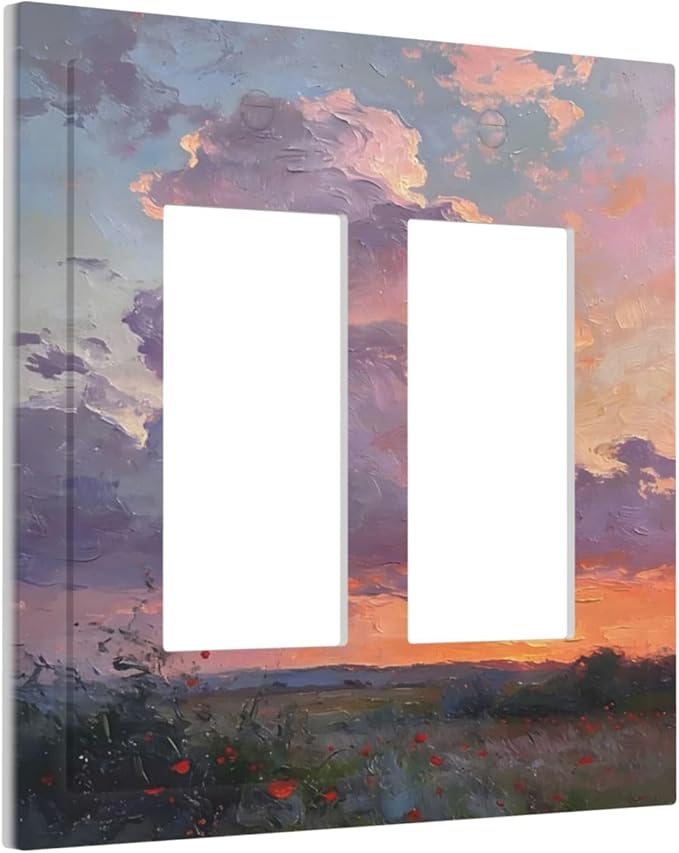 Abstract Sunset Dusk Natural Scenery Wild Flowers Decorative Outlet Covers 2 Gang Double GFCI Rocker Electrical Wall Panels Light Switch Cover Plate for Farmhouse Bedroom Decor