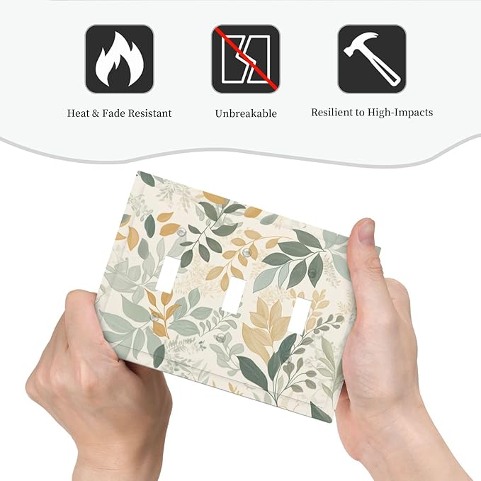 Boho Watercolor Leaves 3 Gang Light Switch Cover Watercolor Green Botanical Triple Toggle Wall Plate Decorative Electrical Switchplates Faceplate for Country Bedroom Kitchen Home Decor