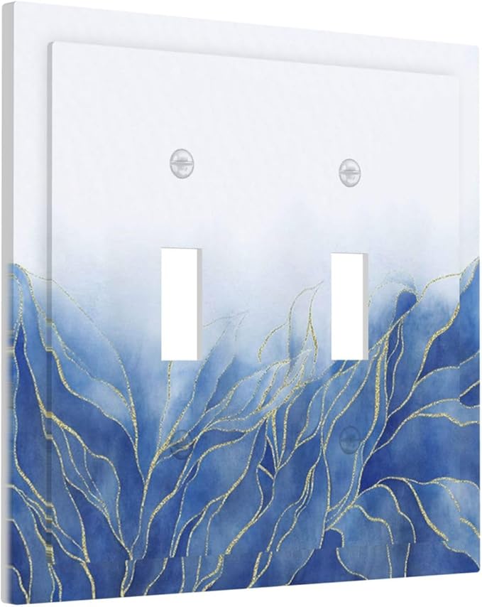 Light Switch Cover Plate Blue Gold Leaf Marble Modern Abstract 2 Gang Double Toggle Decorative Switch Plates Plug Cover Wall Plates Electrical Faceplate for Kitchen Bathroom Decor