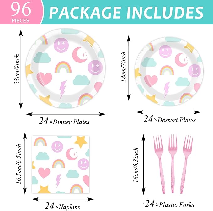 96Pcs Pastel Rainbow Party Plates and Napkins for Smlie Face Preppy Birthday Supplies Unicorn Themed Paper Dessert Plates Smile Tableware Set for Kids Boys 24 Guests Birthday Party Decorations