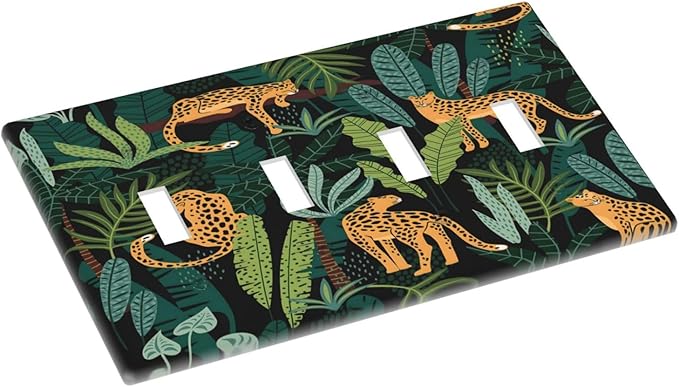 Jungle Cheetah Tropical Wildlife Leopard Green Palm Leaf Light Switch Covers Quad Toggle Electrical Faceplate 4 Gang Wall Plate Decorative Switch Plates Cover for Farmhouse Home Decor