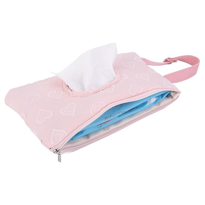 Quilted Baby Diaper and Wipes Pouch Portable Mommy Bag for Stroller Reusable Wipes Pouch with Lanyard (Pink Heart)