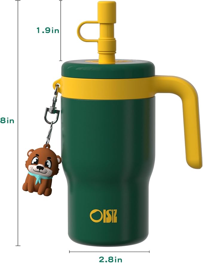 OISIZ 14oz Kids Tumbler with Straw Lid & Handle,Kids Cup with Animal Accessory for School,Kids Water Bottles with Dust-proof Cover,Leakproof Water Bottles,316 Stainless Steel,Keep Cold 24 Hours-green