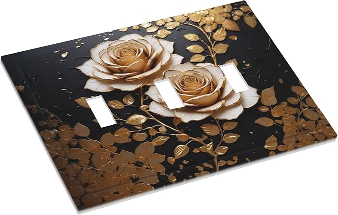 Decorative Light Switch Plate Covers Big Golden White Roses Glod Leaves Black Background 3 Gang Wall Plate Switch Cover Plate Triple Toggle Jumbo Electrical Faceplate for Home Decor