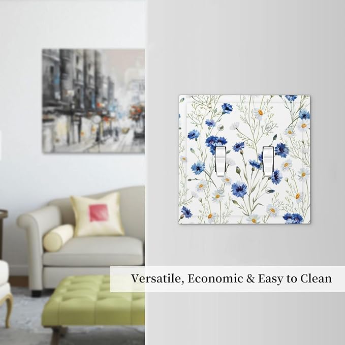 Light Switch Cover Plate Watercolor Daisy Blue Floral Vintage Plant 2 Gang Double Toggle Decorative Switch Plates Plug Cover Wall Plates Electrical Faceplate for Bedroom Home Decor
