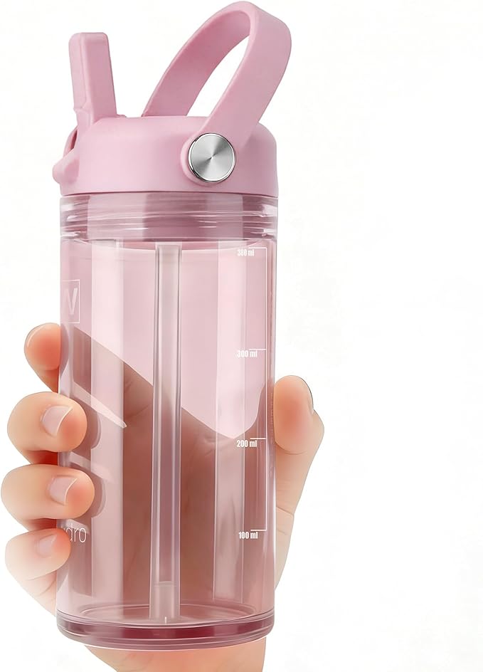 12oz Kids Water Bottle, BPA Free Thick Tritan Plastic Reusable, Clear Water Bottle with Straw, Leakproof Lid, Dishwasher Safe, Boy girl for School,Travel Pink