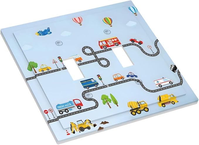 Road Construction Car Truck Hot Air Balloon Decorative Switch Plates 2 Gang Double Toggle Outlet Light Switch Cover Wall Plate Electrical Faceplate for Nursery Kids Room Decor