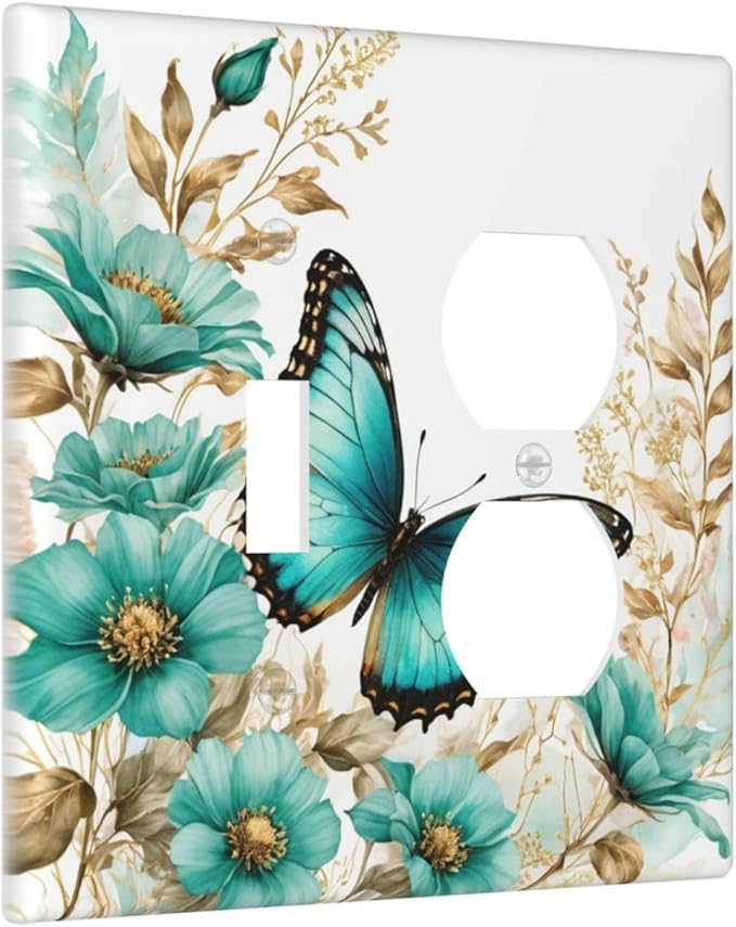 Decorative Outlet Covers Butterfly on Blue Daisy Flower Floral Golden Leaf 2 Gang Wall Plate Cover Single Toggle Duplex Combo Two Switch Light Switch Cover Plate Face Plate