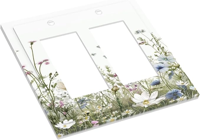 Colorful Wildflowers Daisy Plant Butterfly Floral Decorative Outlet Covers 2 Gang Double GFCI Rocker Electrical Wall Panels Light Switch Cover Plate for Bed Room Living Room Decor