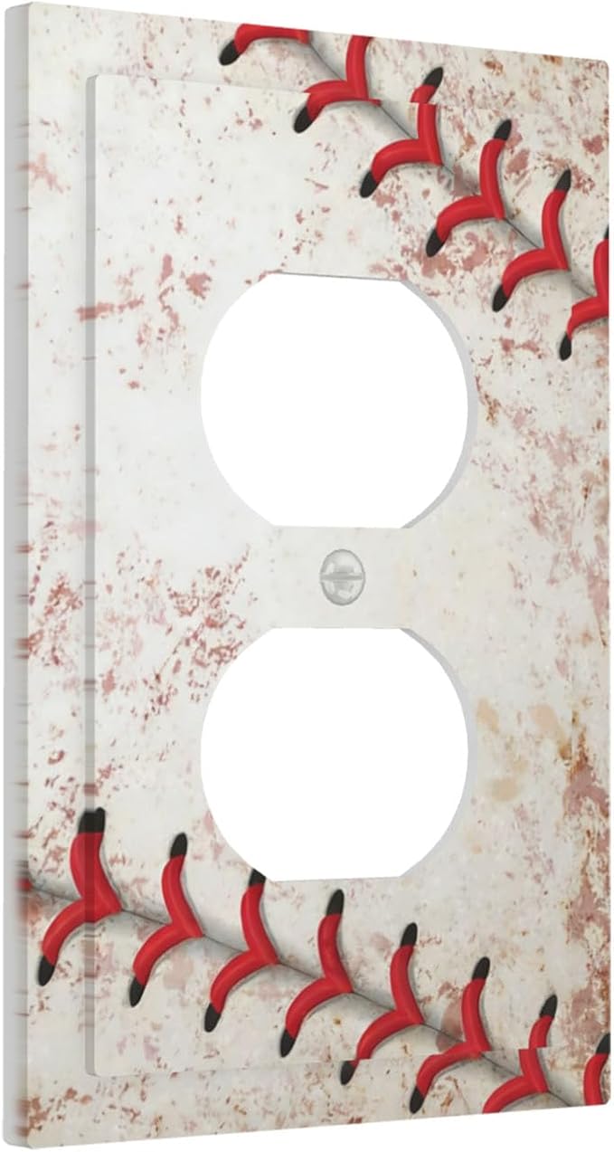 Vintage Baseball Stitch & Distressed Leather Duplex Wall Plate - 1-Gang Standard US Size Home Run Game Themed Outlet Covers for Boy's Bedroom Decor