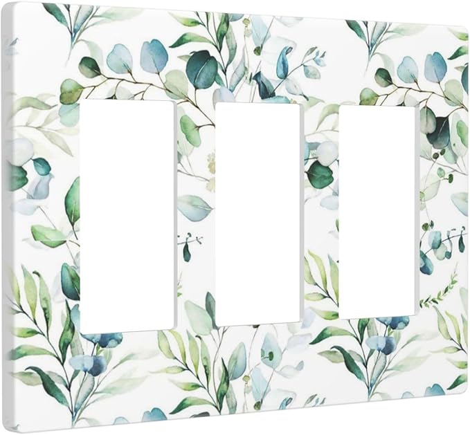 Decorative Eucalyptus Leaves Triple Decorator Light Switch Cover 3-Gang Screwless, Spring Summer Olive Green Sage Leaf Three Gang GFCI/Rocker Device Wallplate Electrical Faceplate Switchplate Dimmer