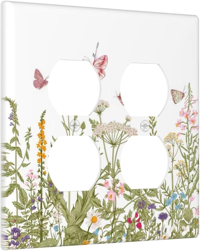 Colorful Butterfly Floral Plants Flower Vine Outlet Covers 2 Gang Double Duplex Decorative Light Switch Covers Electrical Wallplates Socket Faceplate for Bed Room Living Room Decor