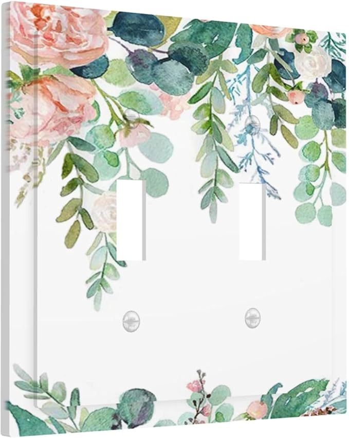 Green Eucalyptus Leaves Floral Watercolor Flower Decorative Switch Plates 2 Gang Double Toggle Outlet Light Switch Cover Wall Plate Electrical Faceplate for Bed Room Living Room Decor