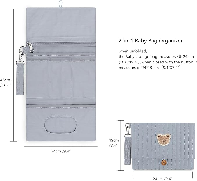 MOMIGO Baby Diaper Bag Organizer Pouches - Waterproof Pod Foldable Diaper Organizer Set, Cute Bear Bag Gift for Baby Shower (Blue)